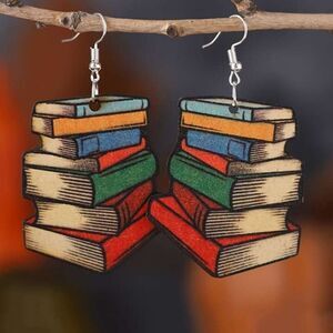 Back to School Book Design Dangle Earrings Retro Cute Wood Jewelry Halloween NWT